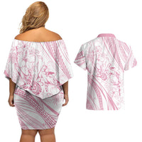 Sharks Couple Dreamy Polynesians Floral Sea Couples Matching Off Shoulder Short Dress and Hawaiian Shirt Pink - Polynesian Pride