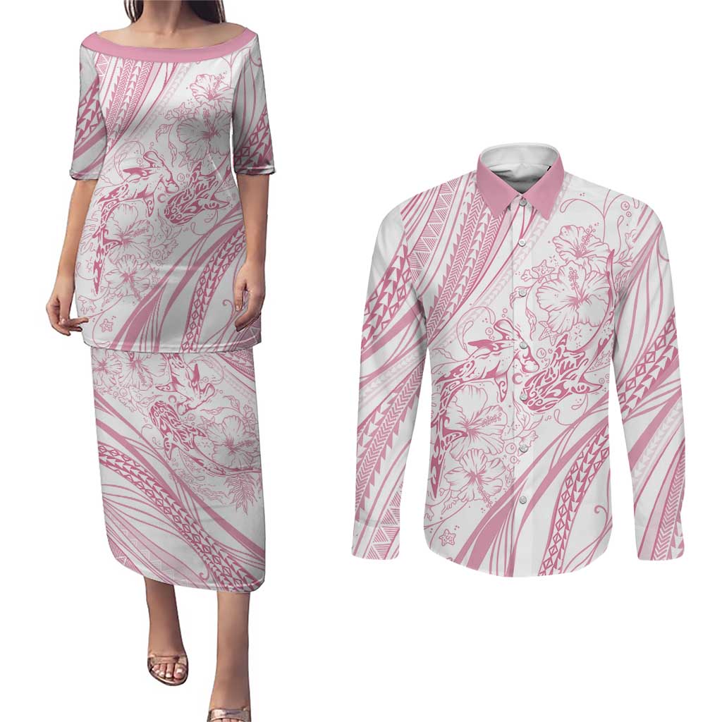 Sharks Couple Dreamy Polynesians Floral Sea Couples Matching Puletasi and Long Sleeve Button Shirt Pink - Polynesian Pride