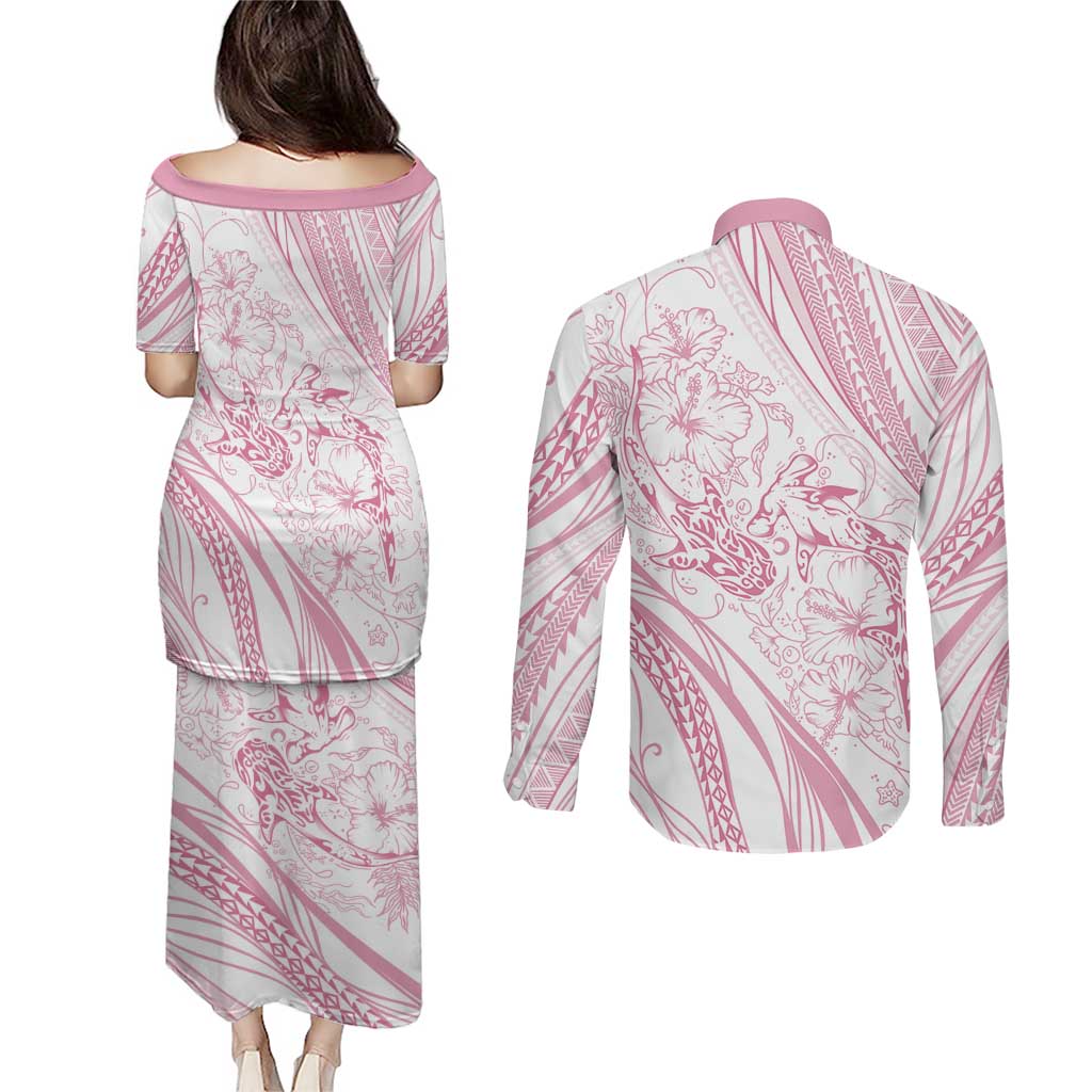 Sharks Couple Dreamy Polynesians Floral Sea Couples Matching Puletasi and Long Sleeve Button Shirt Pink - Polynesian Pride