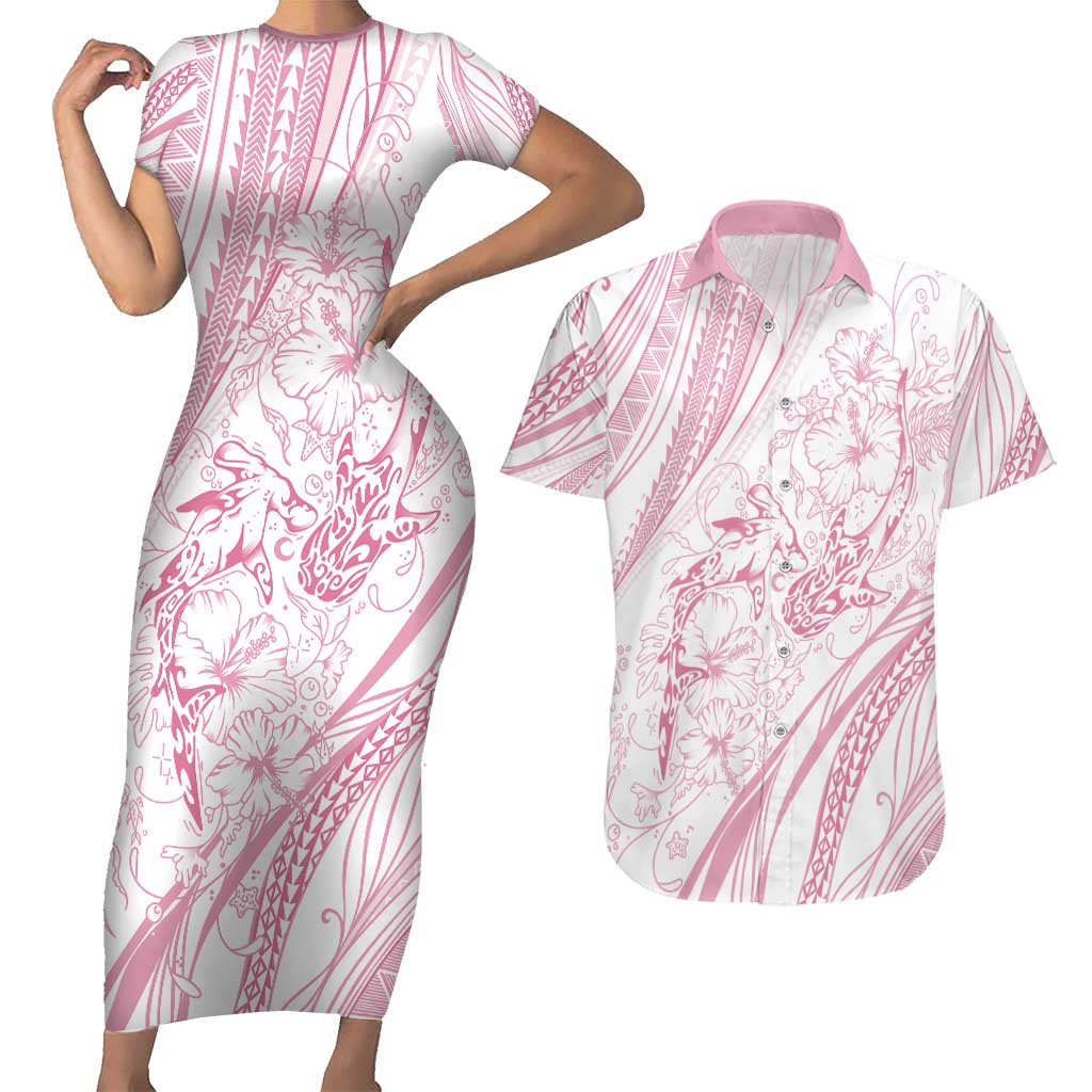Sharks Couple Dreamy Polynesians Floral Sea Couples Matching Short Sleeve Bodycon Dress and Hawaiian Shirt Pink - Polynesian Pride