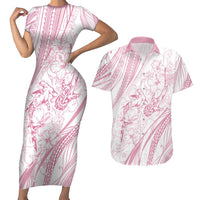 Sharks Couple Dreamy Polynesians Floral Sea Couples Matching Short Sleeve Bodycon Dress and Hawaiian Shirt Pink - Polynesian Pride