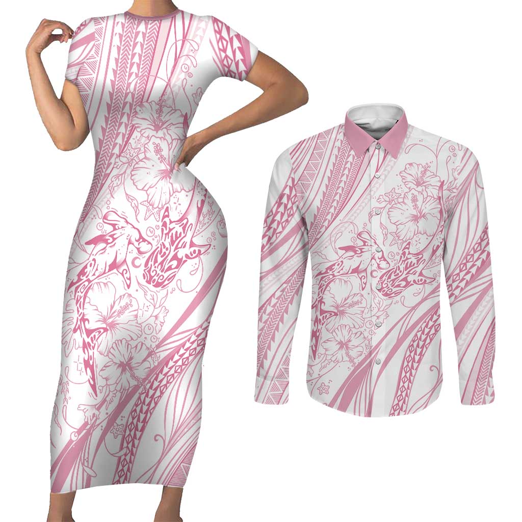 Sharks Couple Dreamy Polynesians Floral Sea Couples Matching Short Sleeve Bodycon Dress and Long Sleeve Button Shirt Pink - Polynesian Pride