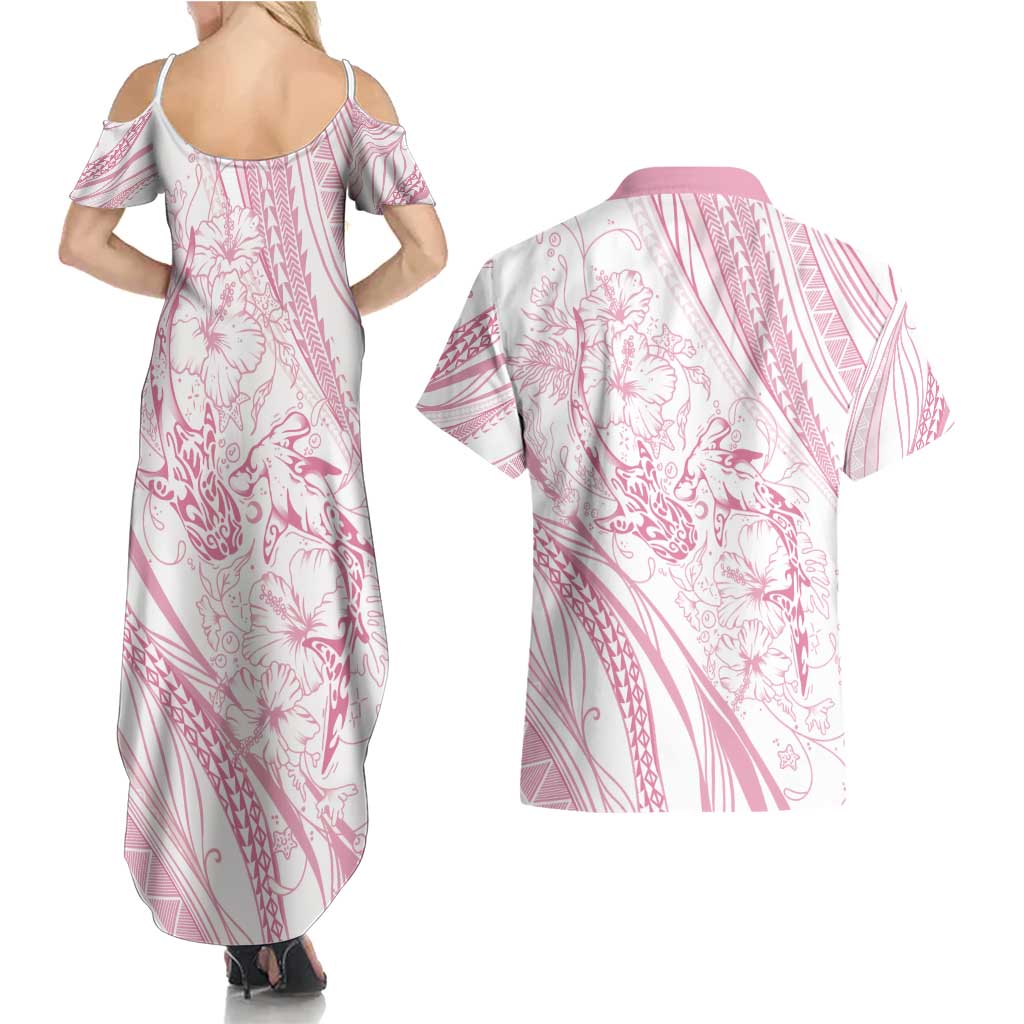 Sharks Couple Dreamy Polynesians Floral Sea Couples Matching Summer Maxi Dress and Hawaiian Shirt Pink - Polynesian Pride