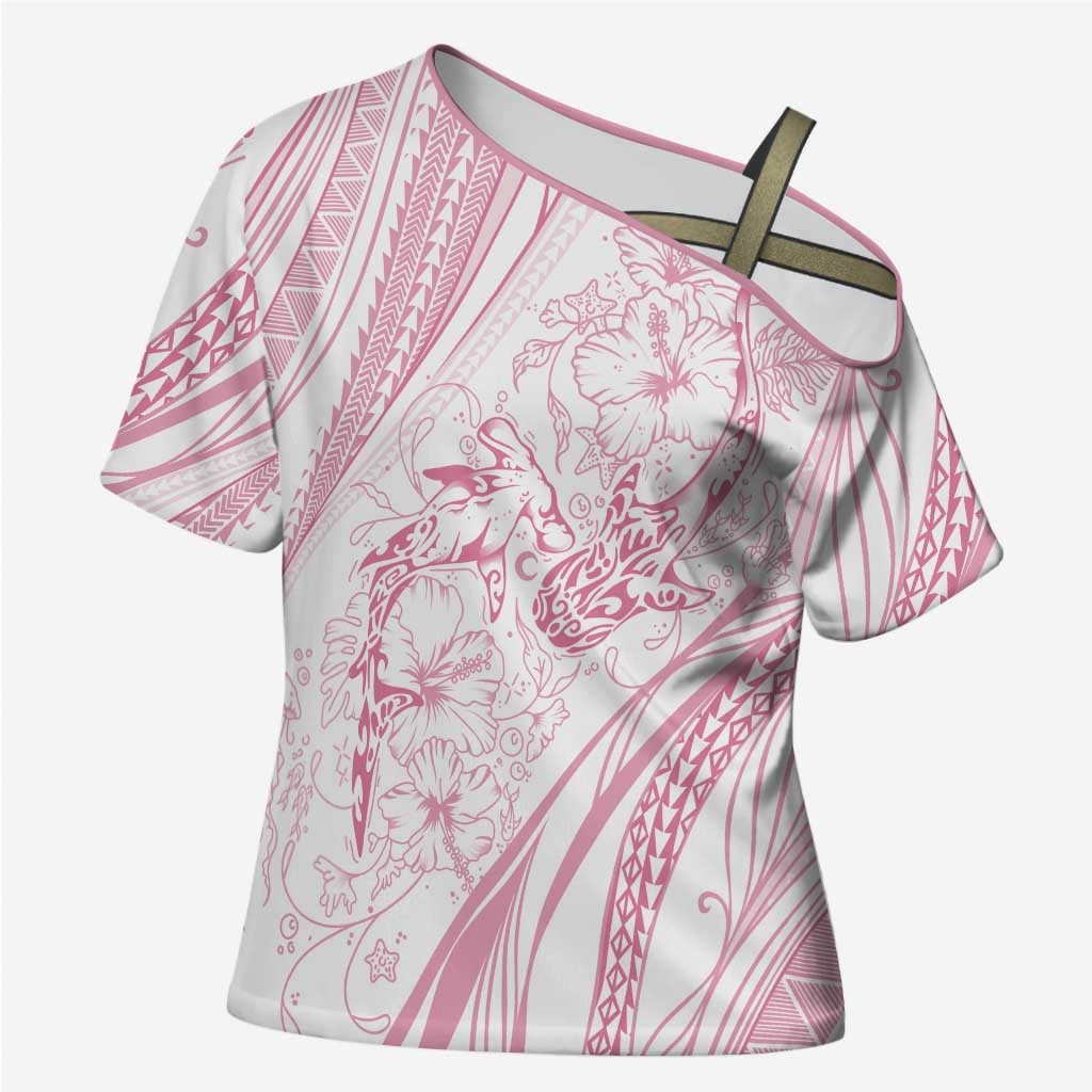 Sharks Couple Dreamy Polynesians Floral Sea Cross Shoulder Shirt Pink - Polynesian Pride