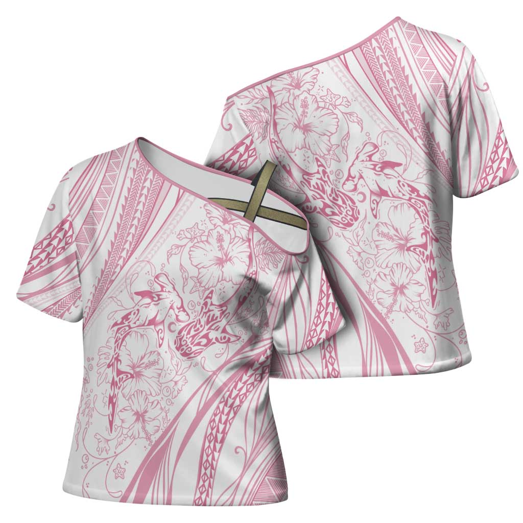 Sharks Couple Dreamy Polynesians Floral Sea Cross Shoulder Shirt Pink - Polynesian Pride