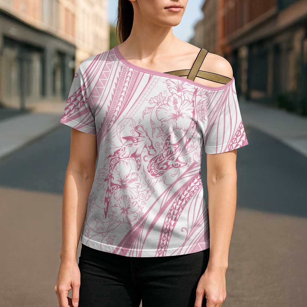 Sharks Couple Dreamy Polynesians Floral Sea Cross Shoulder Shirt Pink - Polynesian Pride