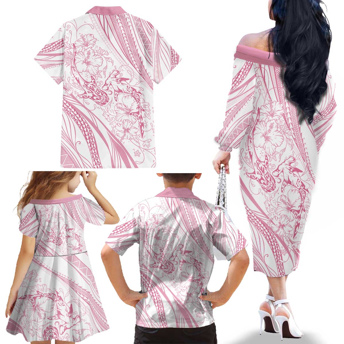 Sharks Couple Dreamy Polynesians Floral Sea Family Matching Off The Shoulder Long Sleeve Dress and Hawaiian Shirt Pink - Polynesian Pride