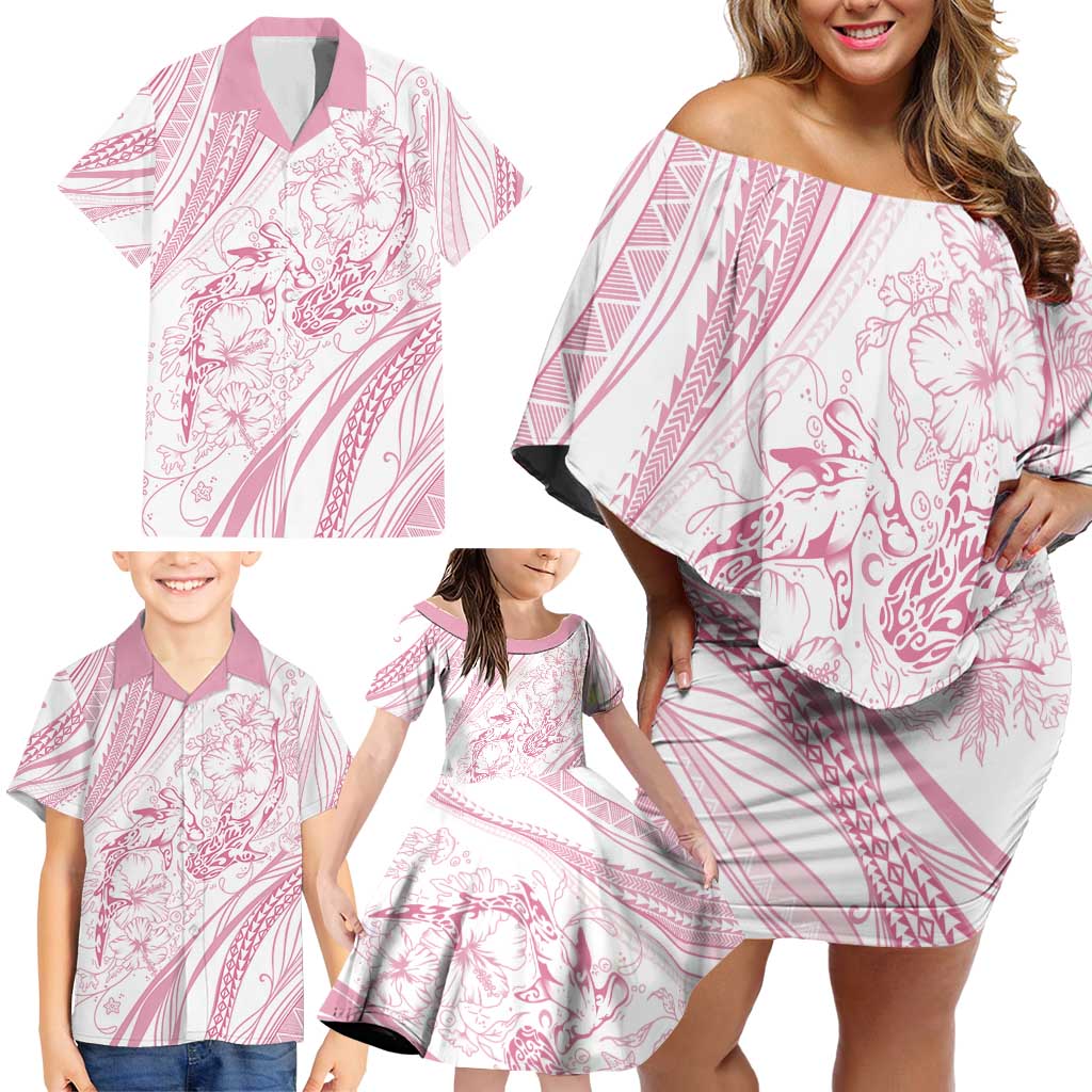 Sharks Couple Dreamy Polynesians Floral Sea Family Matching Off Shoulder Short Dress and Hawaiian Shirt Pink - Polynesian Pride