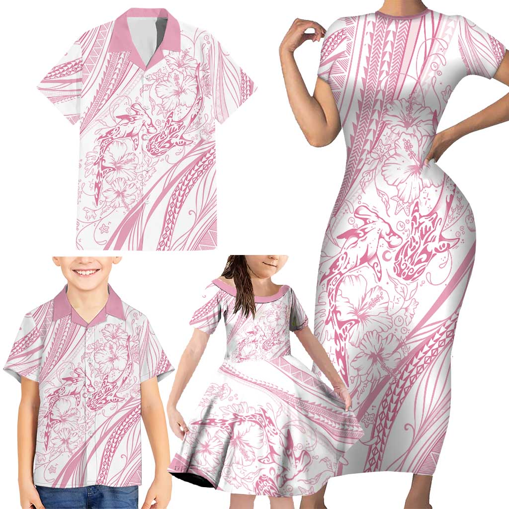 Sharks Couple Dreamy Polynesians Floral Sea Family Matching Short Sleeve Bodycon Dress and Hawaiian Shirt Pink - Polynesian Pride