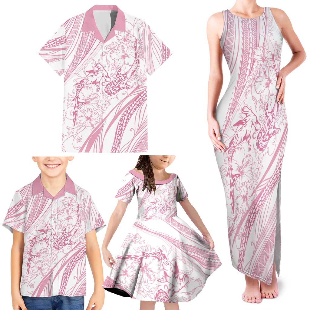 Sharks Couple Dreamy Polynesians Floral Sea Family Matching Tank Maxi Dress and Hawaiian Shirt Pink - Polynesian Pride
