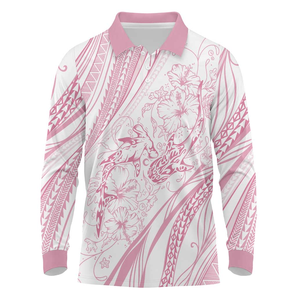Sharks Couple Dreamy Polynesians Floral Sea Long Sleeve Polo Shirt Pink - Polynesian Pride