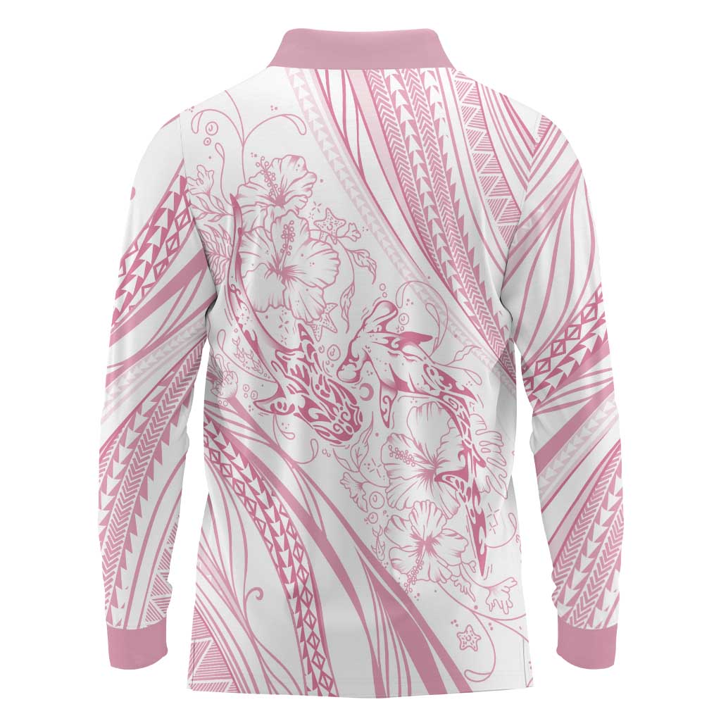 Sharks Couple Dreamy Polynesians Floral Sea Long Sleeve Polo Shirt Pink - Polynesian Pride