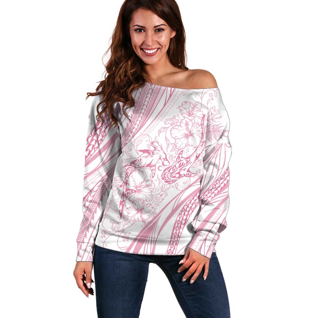 Sharks Couple Dreamy Polynesians Floral Sea Off Shoulder Sweater Pink - Polynesian Pride
