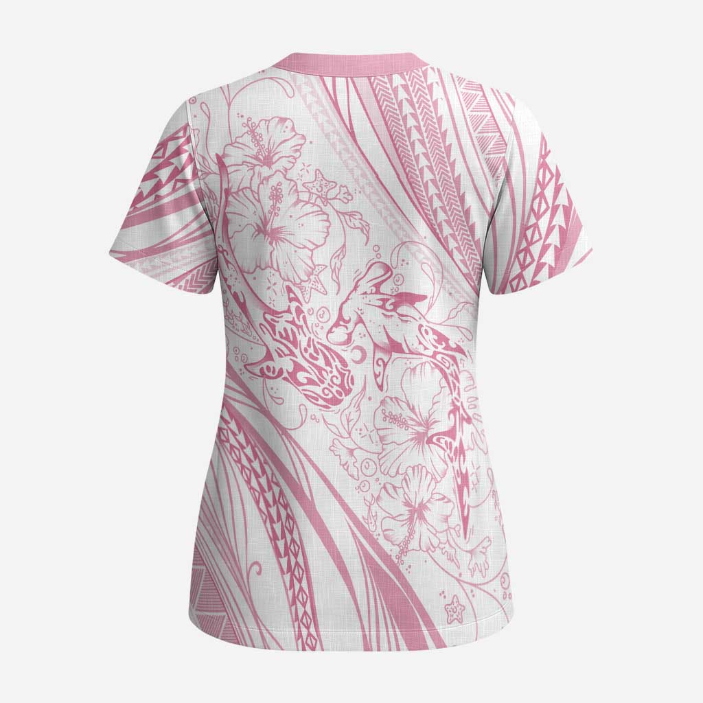 Sharks Couple Dreamy Polynesians Floral Sea Scrub Top Pink LT7 - Polynesian Pride