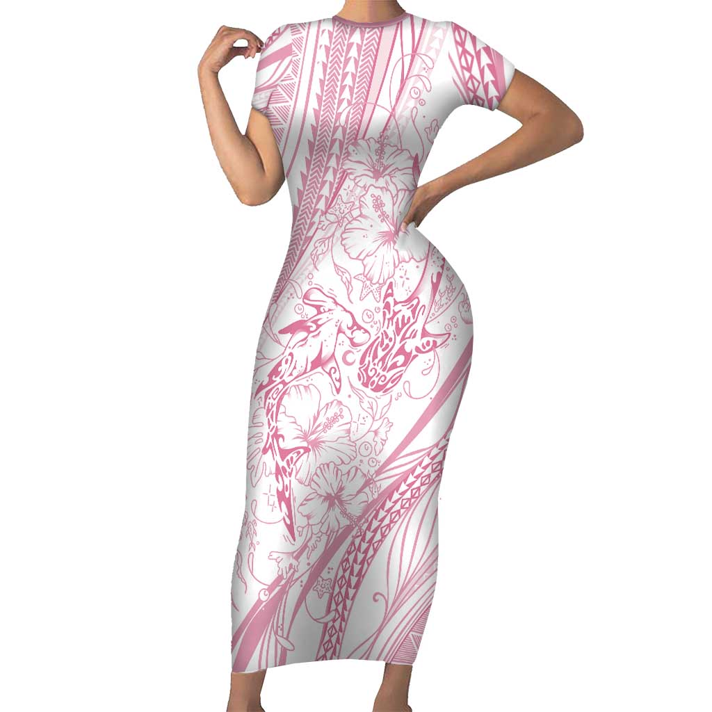 Sharks Couple Dreamy Polynesians Floral Sea Short Sleeve Bodycon Dress Pink LT7 Long Dress Pink - Polynesian Pride