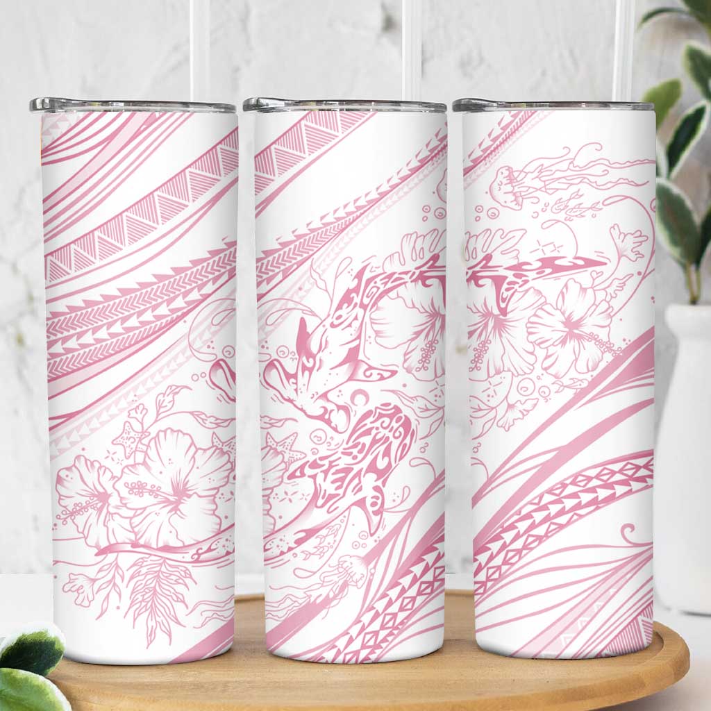 Sharks Couple Dreamy Polynesians Floral Sea Skinny Tumbler Pink - Polynesian Pride