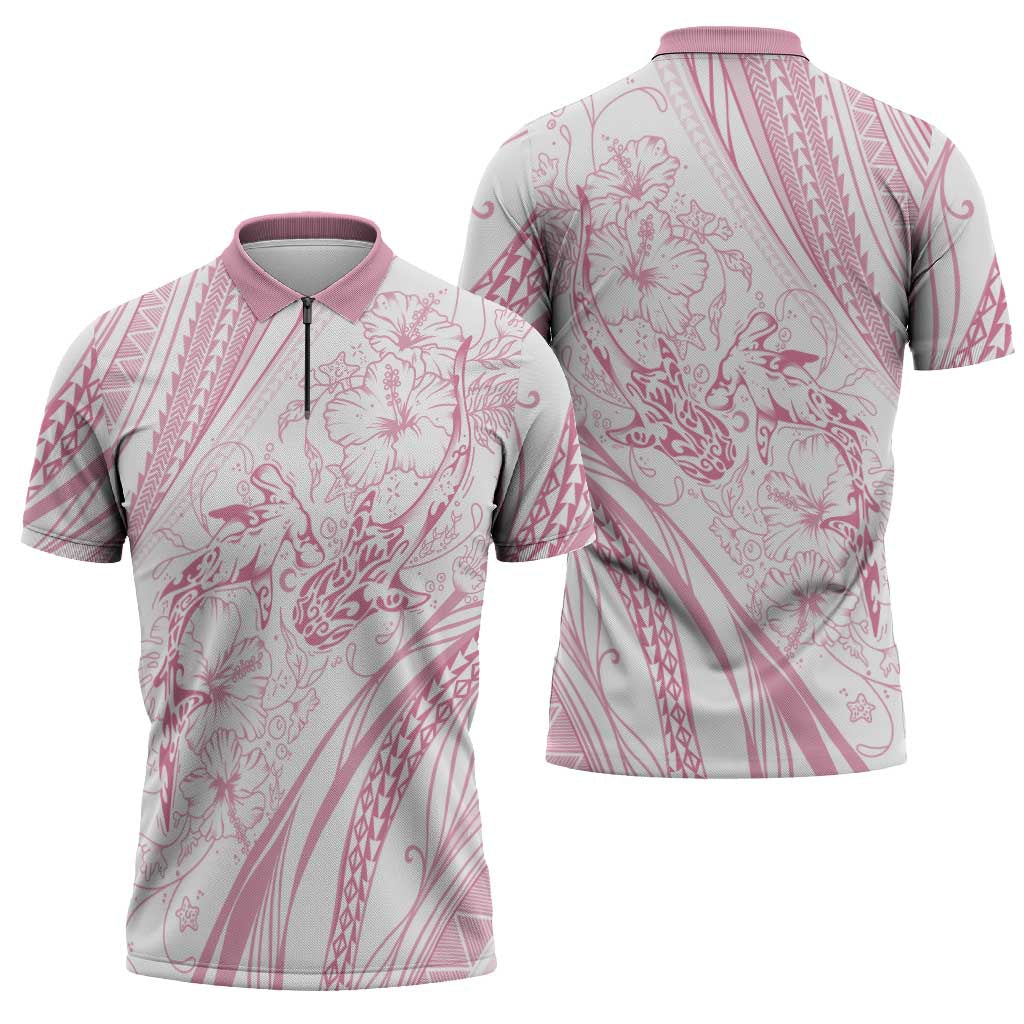 Sharks Couple Dreamy Polynesians Floral Sea Zipper Polo Shirt Pink - Polynesian Pride