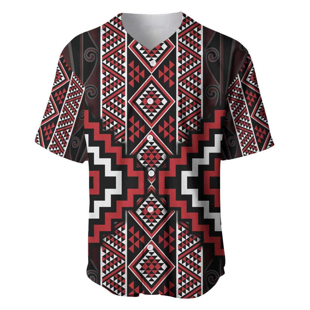 Red Tukutuku Pattern Aotearoa Baseball Jersey Niho Taniwha and Puhoro Motifs