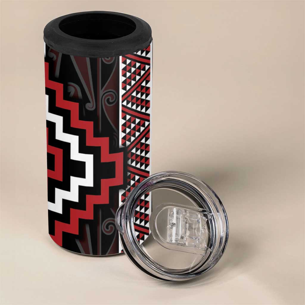 Red Tukutuku Pattern Aotearoa 4 in 1 Can Cooler Tumbler Niho Taniwha and Puhoro Motifs LT7 - Polynesian Pride