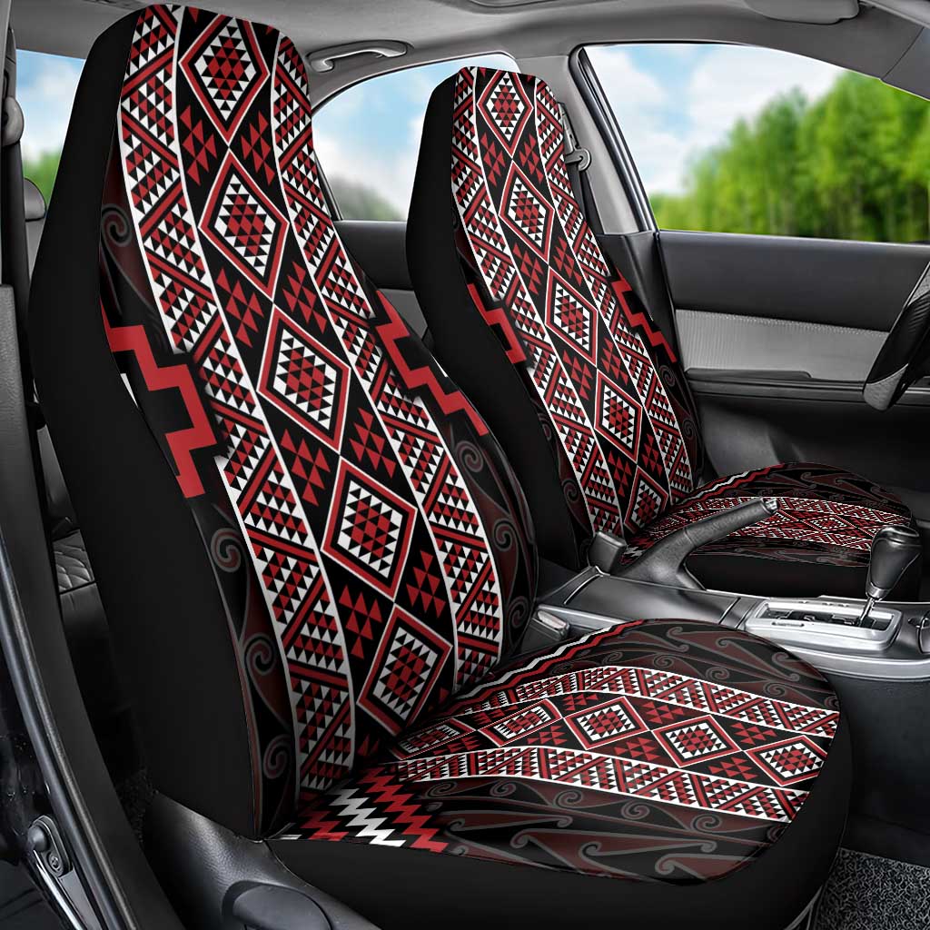 Red Tukutuku Pattern Aotearoa Car Seat Cover Niho Taniwha and Puhoro Motifs