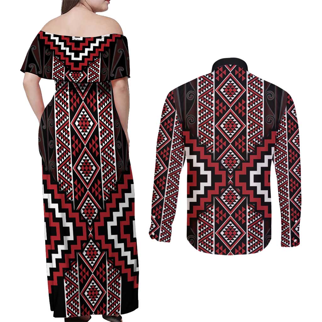 Red Tukutuku Pattern Aotearoa Couples Matching Off Shoulder Maxi Dress and Long Sleeve Button Shirt Niho Taniwha and Puhoro Motifs LT7 - Polynesian Pride