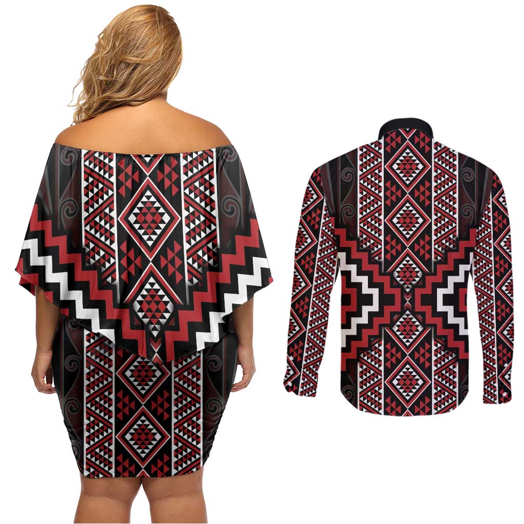 Red Tukutuku Pattern Aotearoa Couples Matching Off Shoulder Short Dress and Long Sleeve Button Shirt Niho Taniwha and Puhoro Motifs LT7 - Polynesian Pride