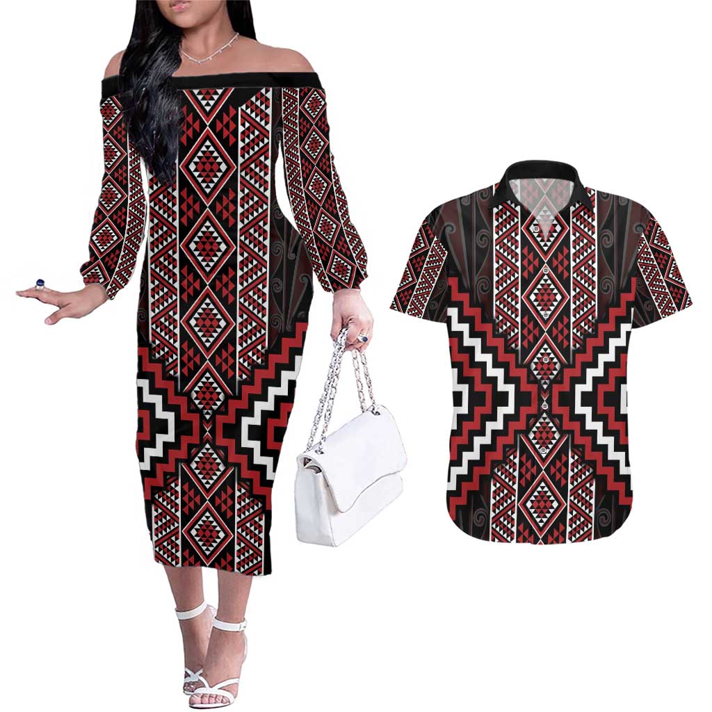 Red Tukutuku Pattern Aotearoa Couples Matching Off The Shoulder Long Sleeve Dress and Hawaiian Shirt Niho Taniwha and Puhoro Motifs LT7 Red - Polynesian Pride