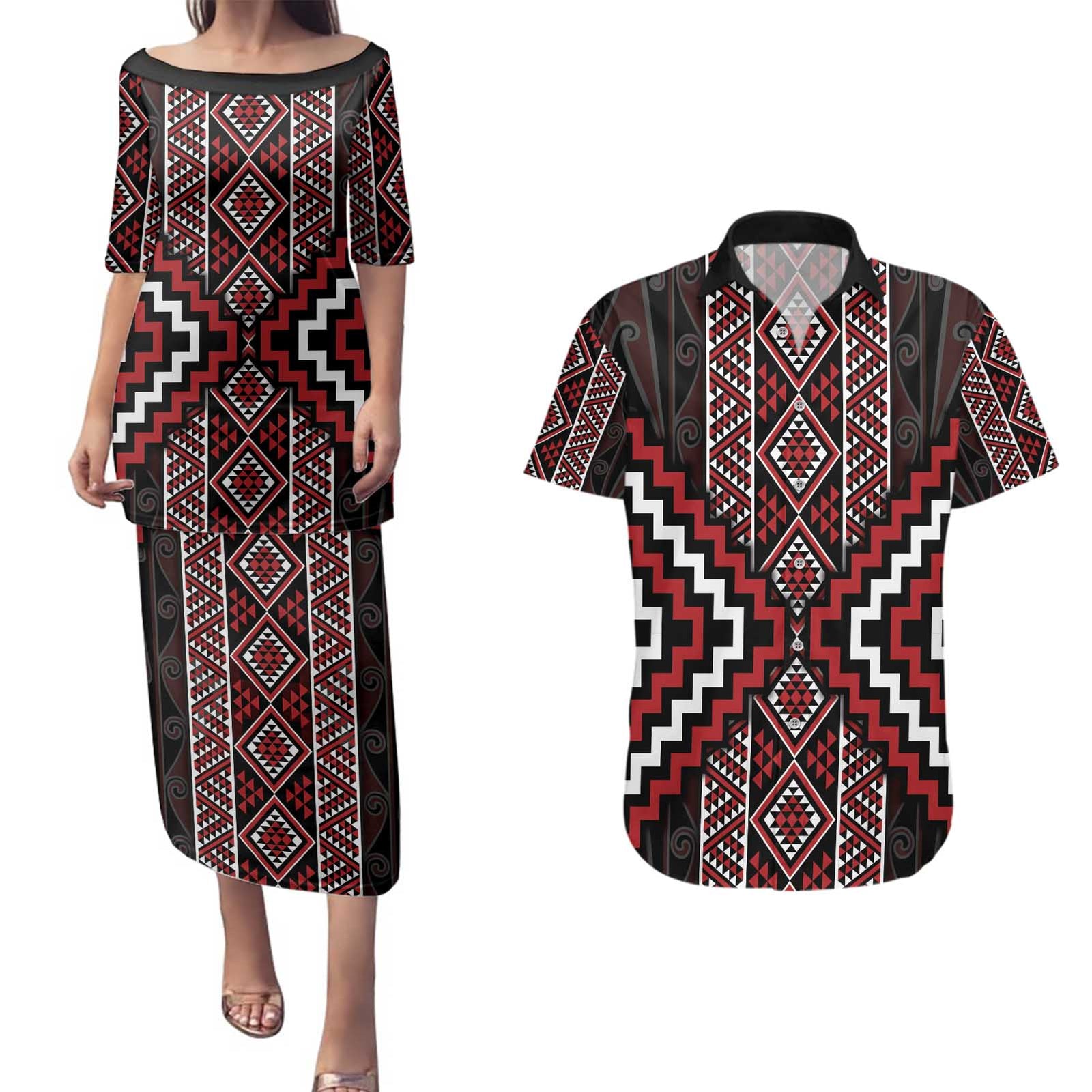 Red Tukutuku Pattern Aotearoa Couples Matching Puletasi and Hawaiian Shirt Niho Taniwha and Puhoro Motifs LT7 Red - Polynesian Pride