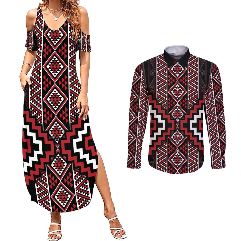 Red Tukutuku Pattern Aotearoa Couples Matching Summer Maxi Dress and Long Sleeve Button Shirt Niho Taniwha and Puhoro Motifs