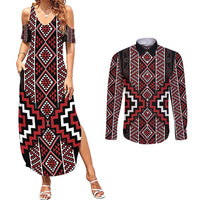 Red Tukutuku Pattern Aotearoa Couples Matching Summer Maxi Dress and Long Sleeve Button Shirt Niho Taniwha and Puhoro Motifs