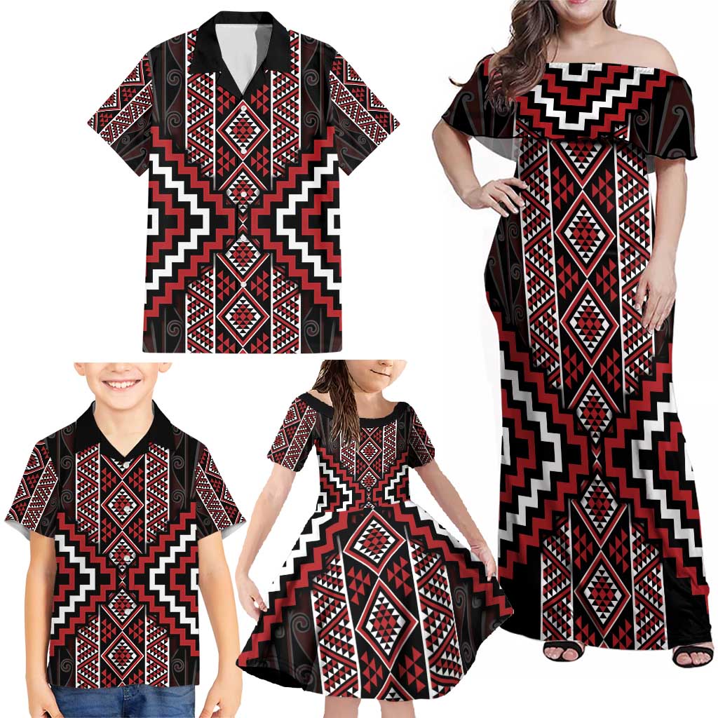 Red Tukutuku Pattern Aotearoa Family Matching Off Shoulder Maxi Dress and Hawaiian Shirt Niho Taniwha and Puhoro Motifs