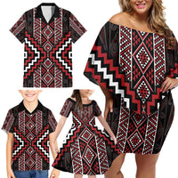 Red Tukutuku Pattern Aotearoa Family Matching Off Shoulder Short Dress and Hawaiian Shirt Niho Taniwha and Puhoro Motifs