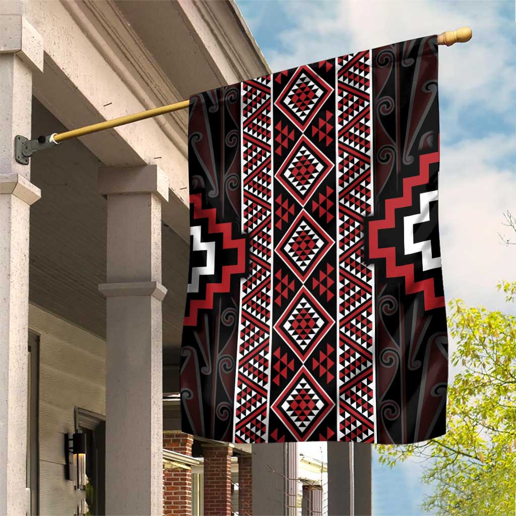 Red Tukutuku Pattern Aotearoa Garden Flag Niho Taniwha and Puhoro Motifs