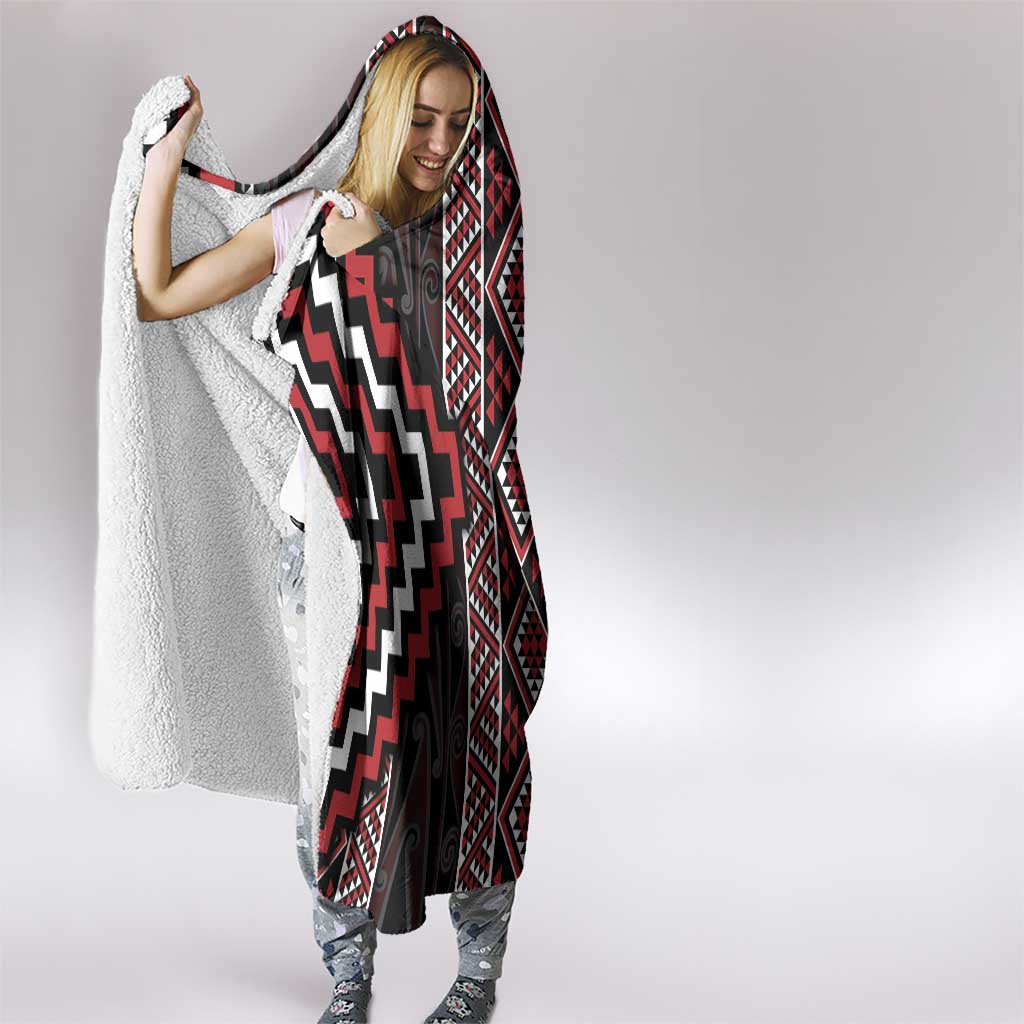 Red Tukutuku Pattern Aotearoa Hooded Blanket Niho Taniwha and Puhoro Motifs LT7 - Polynesian Pride