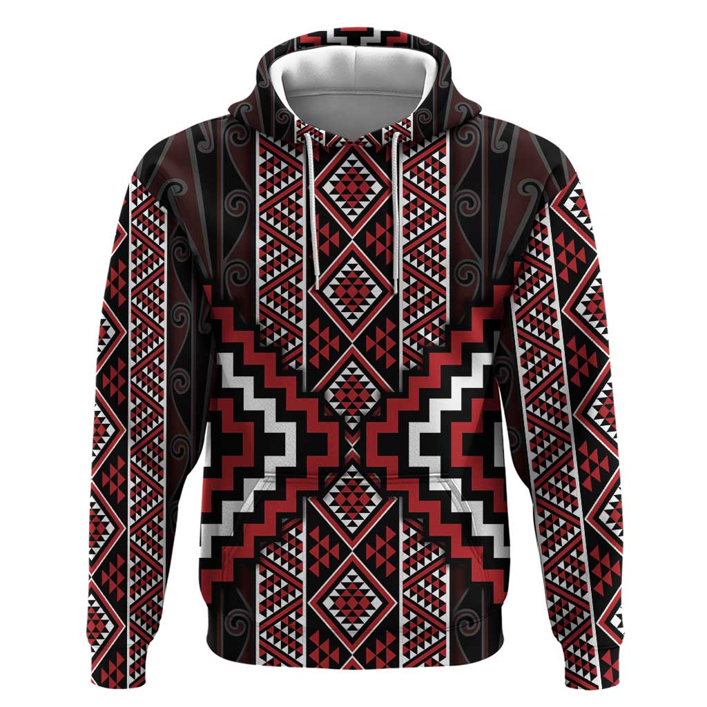 Red Tukutuku Pattern Aotearoa Hoodie Niho Taniwha and Puhoro Motifs