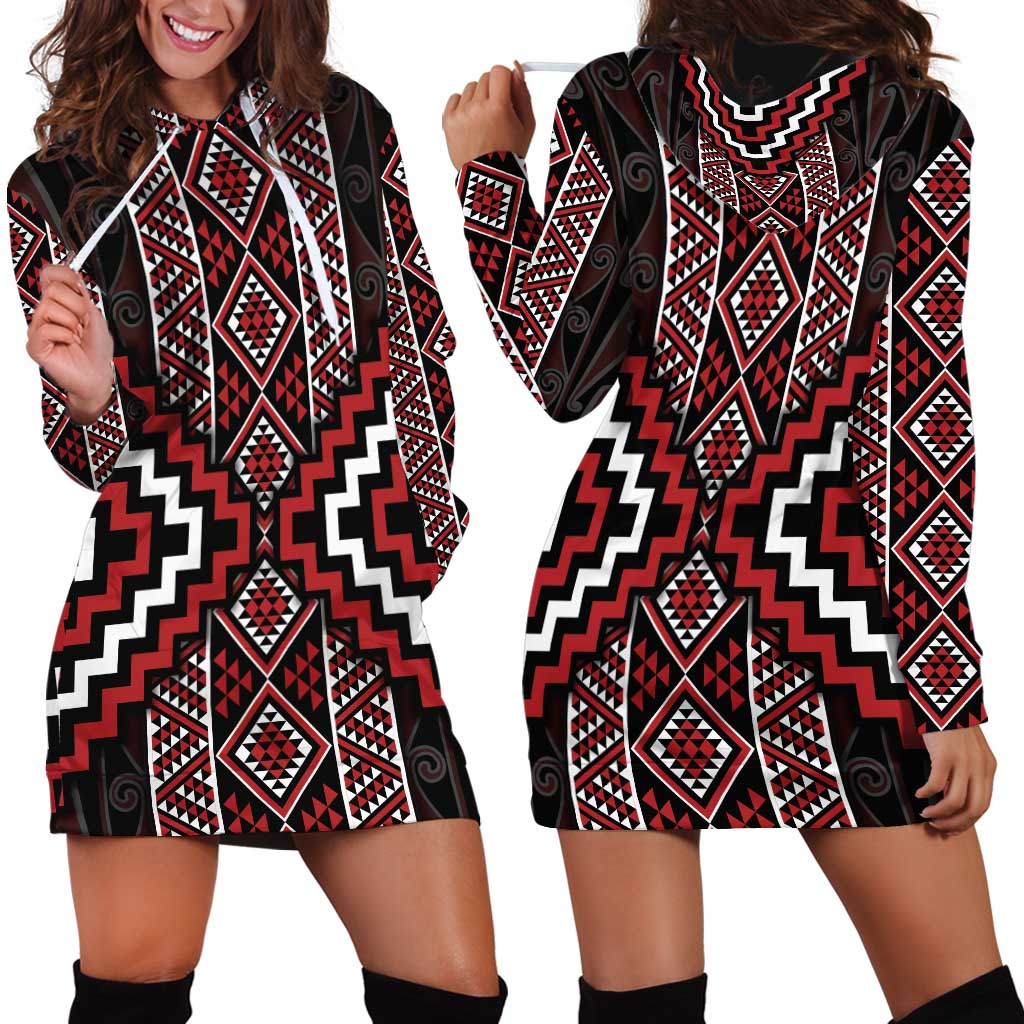 Red Tukutuku Pattern Aotearoa Hoodie Dress Niho Taniwha and Puhoro Motifs LT7 - Polynesian Pride