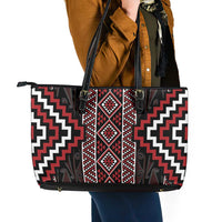 Red Tukutuku Pattern Aotearoa Leather Tote Bag Niho Taniwha and Puhoro Motifs