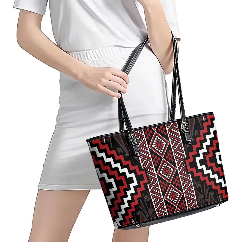 Red Tukutuku Pattern Aotearoa Leather Tote Bag Niho Taniwha and Puhoro Motifs