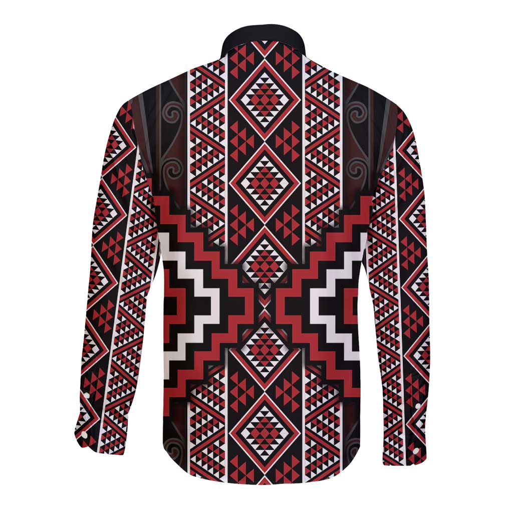 Red Tukutuku Pattern Aotearoa Long Sleeve Button Shirt Niho Taniwha and Puhoro Motifs LT7 - Polynesian Pride