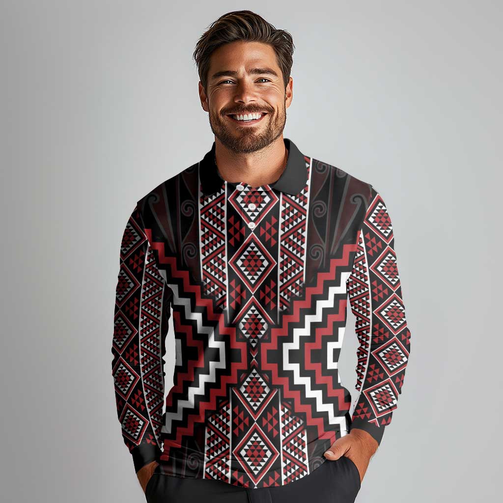 Red Tukutuku Pattern Aotearoa Long Sleeve Polo Shirt Niho Taniwha and Puhoro Motifs