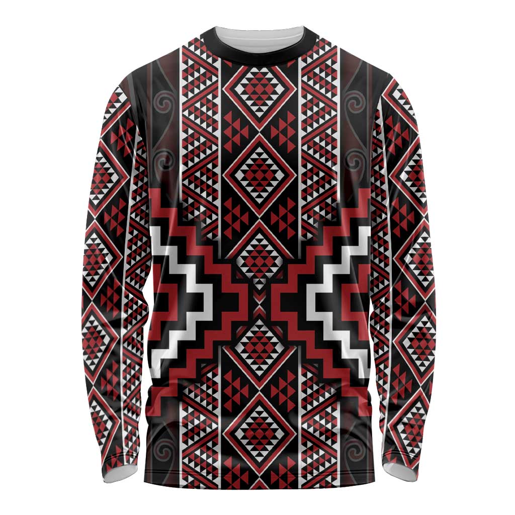 Red Tukutuku Pattern Aotearoa Long Sleeve Shirt Niho Taniwha and Puhoro Motifs LT7 Unisex Red - Polynesian Pride