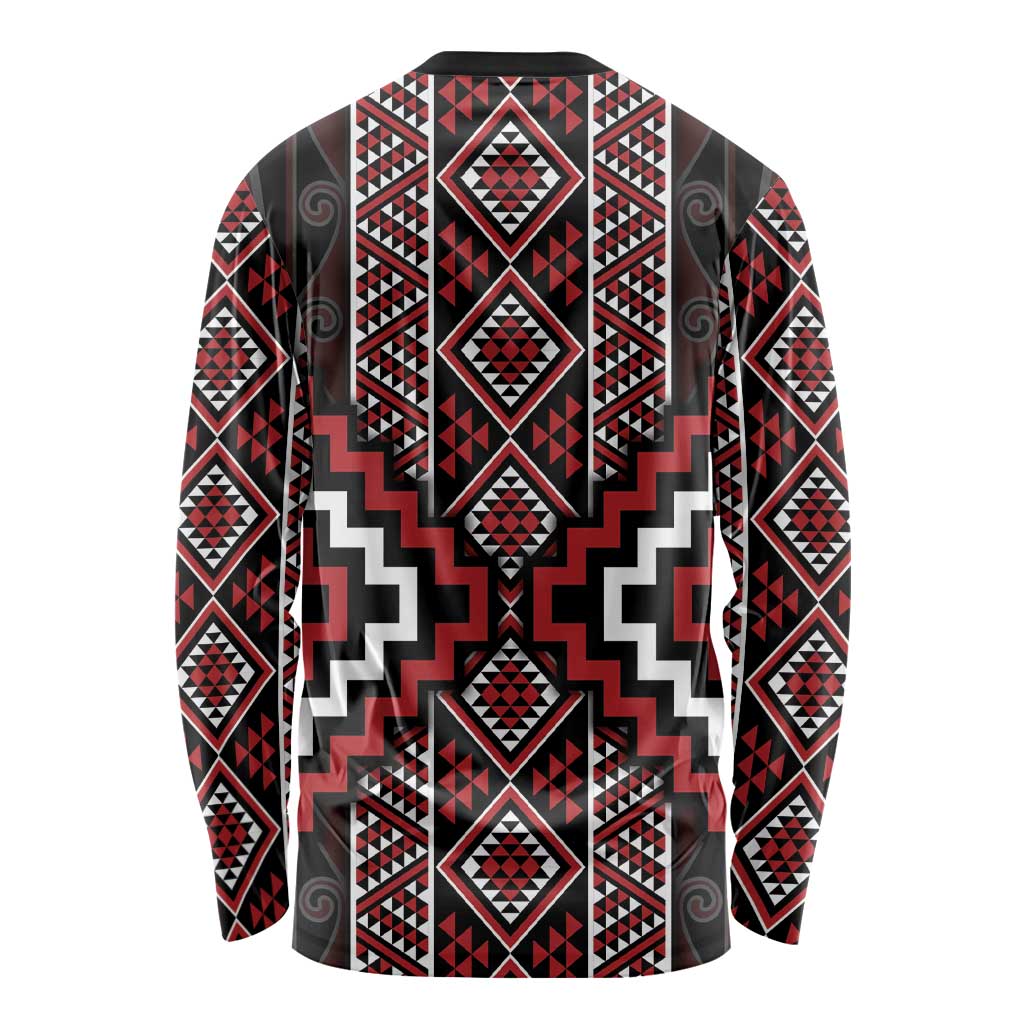Red Tukutuku Pattern Aotearoa Long Sleeve Shirt Niho Taniwha and Puhoro Motifs LT7 - Polynesian Pride