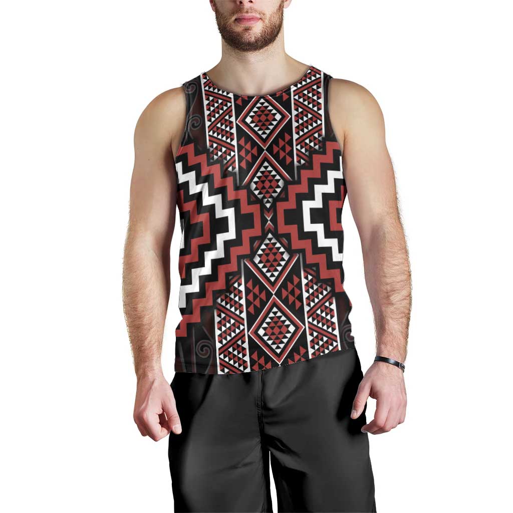 Red Tukutuku Pattern Aotearoa Men Tank Top Niho Taniwha and Puhoro Motifs LT7 - Polynesian Pride