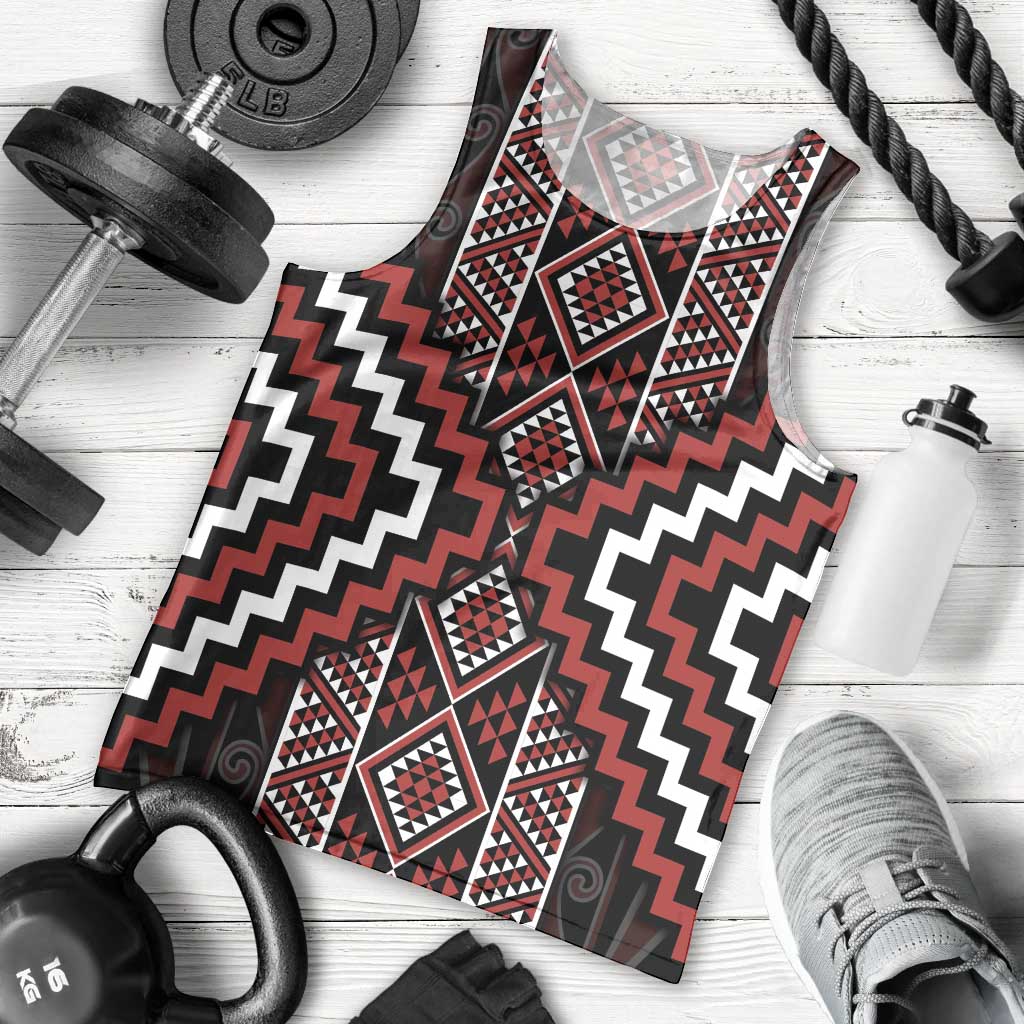 Red Tukutuku Pattern Aotearoa Men Tank Top Niho Taniwha and Puhoro Motifs LT7 - Polynesian Pride