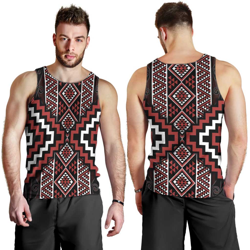 Red Tukutuku Pattern Aotearoa Men Tank Top Niho Taniwha and Puhoro Motifs LT7 - Polynesian Pride