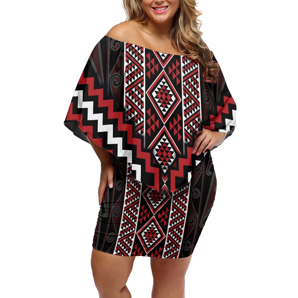 Red Tukutuku Pattern Aotearoa Off Shoulder Short Dress Niho Taniwha and Puhoro Motifs LT7 Women Red - Polynesian Pride