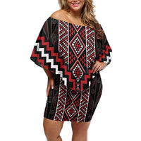 Red Tukutuku Pattern Aotearoa Off Shoulder Short Dress Niho Taniwha and Puhoro Motifs LT7 Women Red - Polynesian Pride