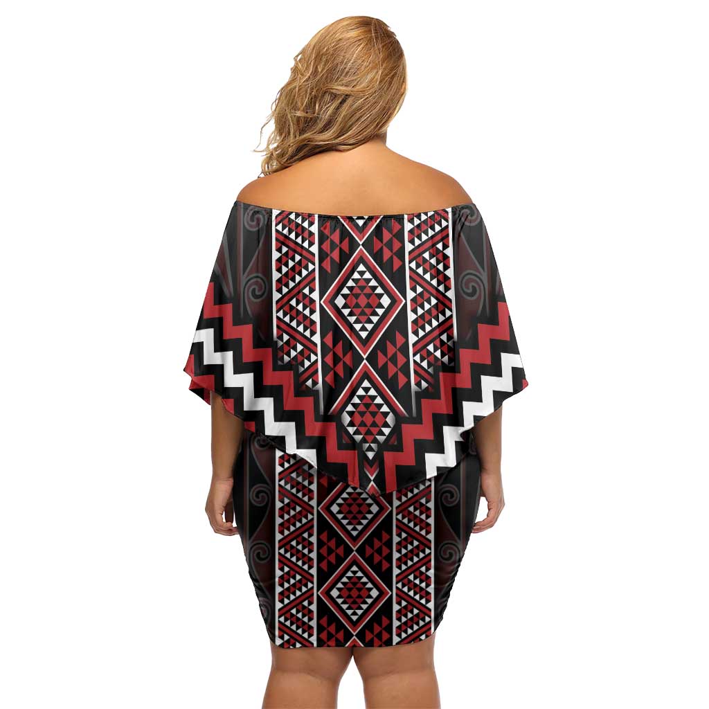 Red Tukutuku Pattern Aotearoa Off Shoulder Short Dress Niho Taniwha and Puhoro Motifs LT7 - Polynesian Pride