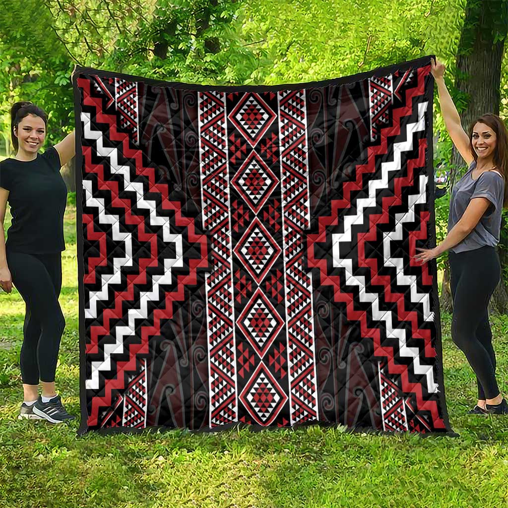 Red Tukutuku Pattern Aotearoa Quilt Niho Taniwha and Puhoro Motifs