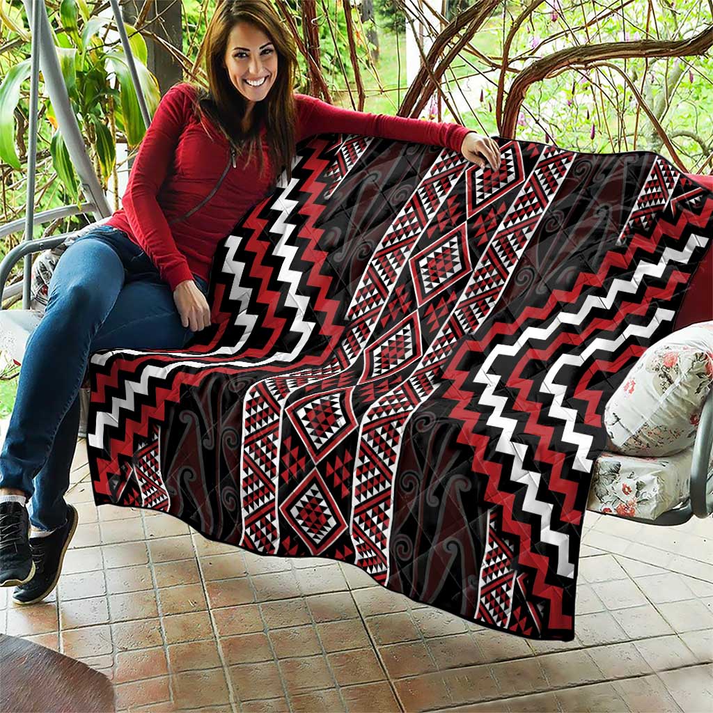 Red Tukutuku Pattern Aotearoa Quilt Niho Taniwha and Puhoro Motifs